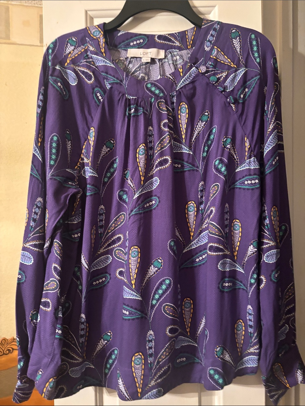 LOFT Purple Printed Long-Sleeve Peasant Blouse with Teal & Gold Accents